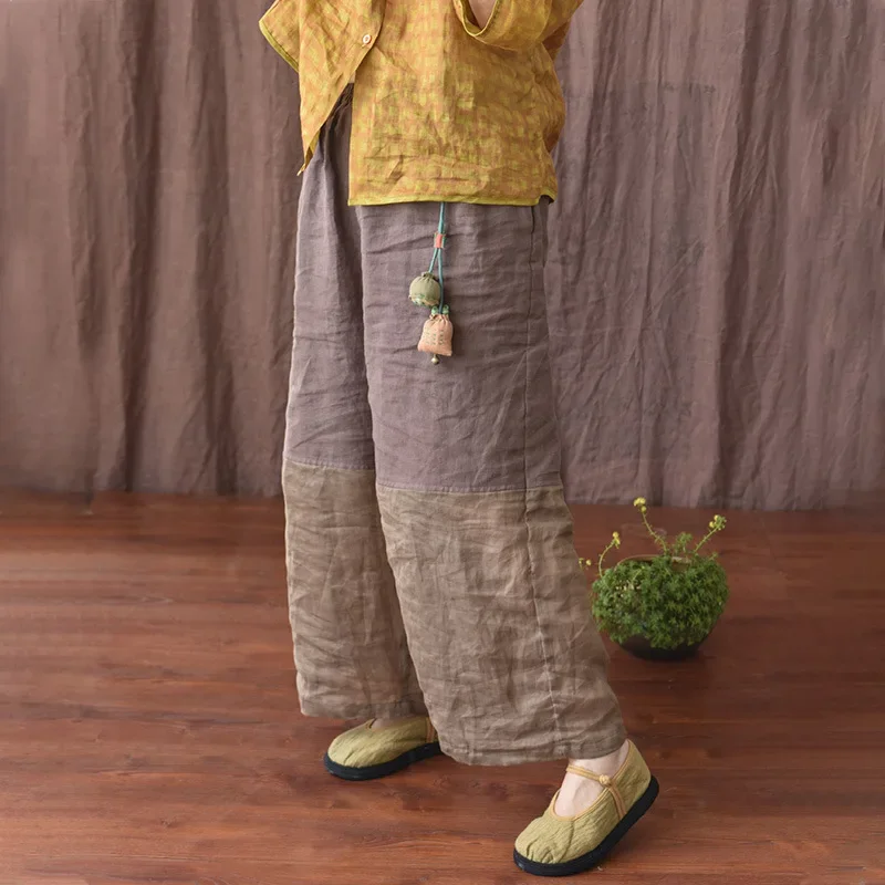 

Women Vintage Linen Ramie Wide Leg Pants Elastic Waist Loose Plus Size 2022 Summer Patchwork Pockets Ankle-length Causal Pants