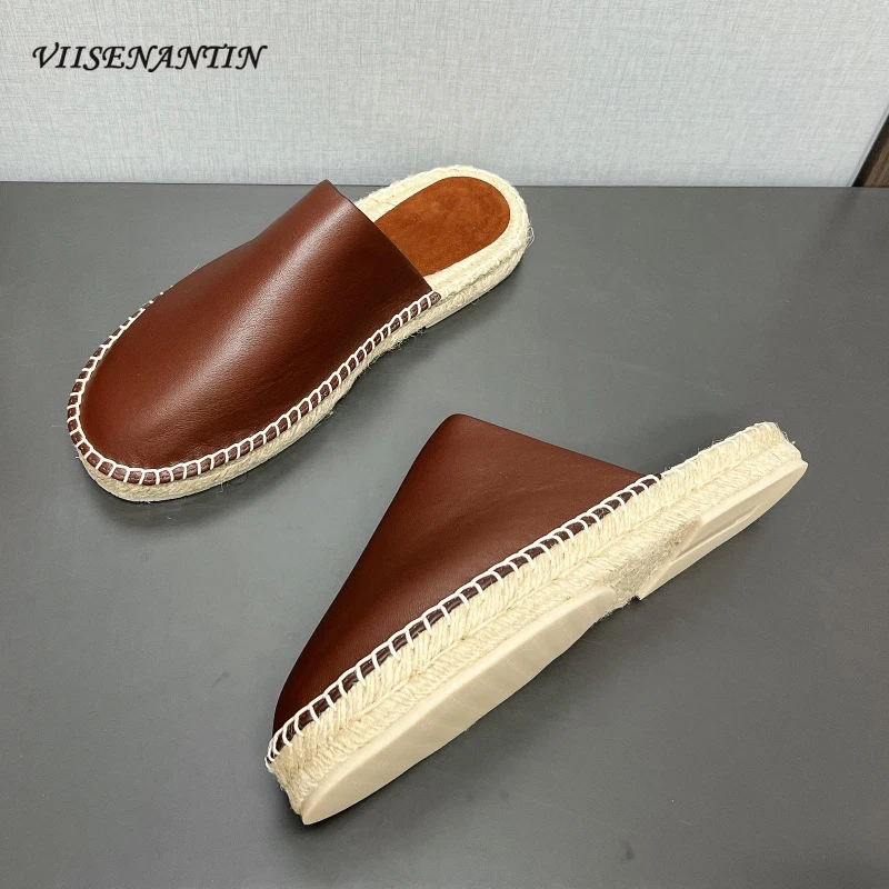 

2024 Autumn New Straw Weave Slippers Baotou Cowdie Leather Half Slippers Men's Round Toe Thick Bottom Outdoor Casual Mules Shoes