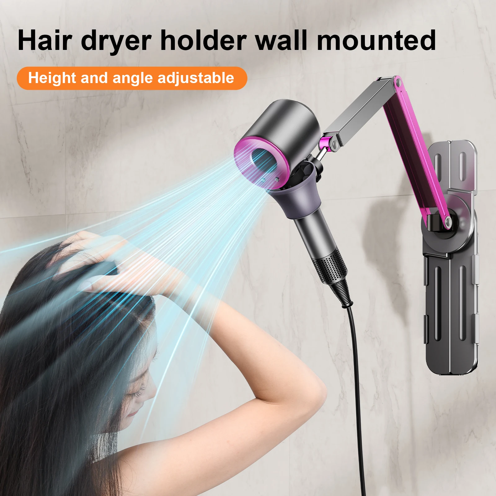 Eary Metal Hair Dryer Holder Wall Mounted Height Angle Adjustable Stand Versatile Free Hands Universal Convenience Furniture