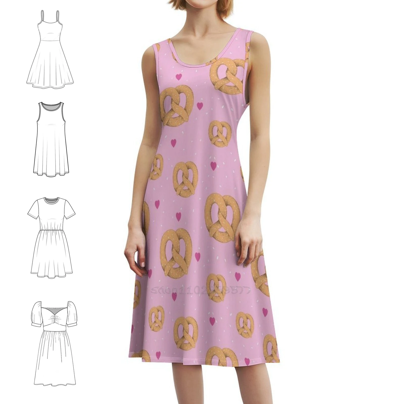 Cute Pretzel And Heart Seamless Pattern Vintage Bohemian Dress Puff Sleeve Or Sleeveless Options For Women Dress Pretzel Food