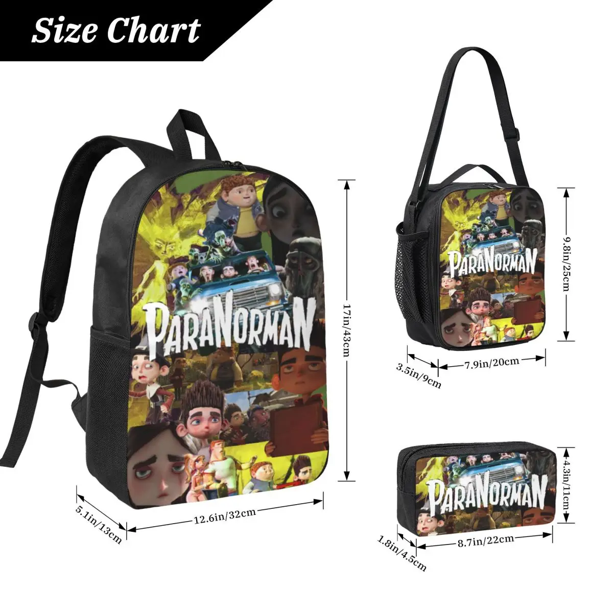 3Pcs ParaNorman Cartoon Movies Backpack Set for Boy Girl Pen Bags Bookbag Sets with Lunch Box For School Students Daypack
