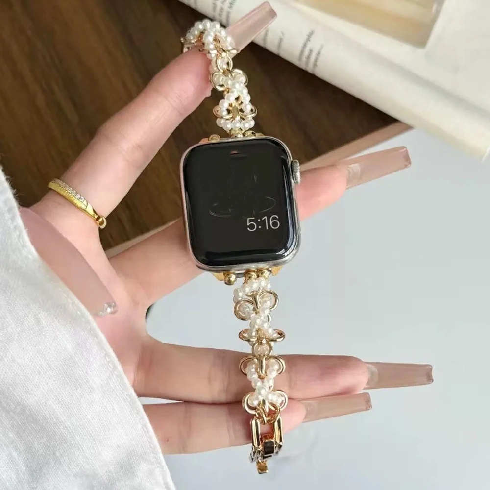 Correa de acero inoxidable para mujer para Apple Watch Ultra 2/1 49mm 10 9 8 7 42mm 46 44 45mm correa de perlas para IWatch 6 5 4 SE 38 40 41mm