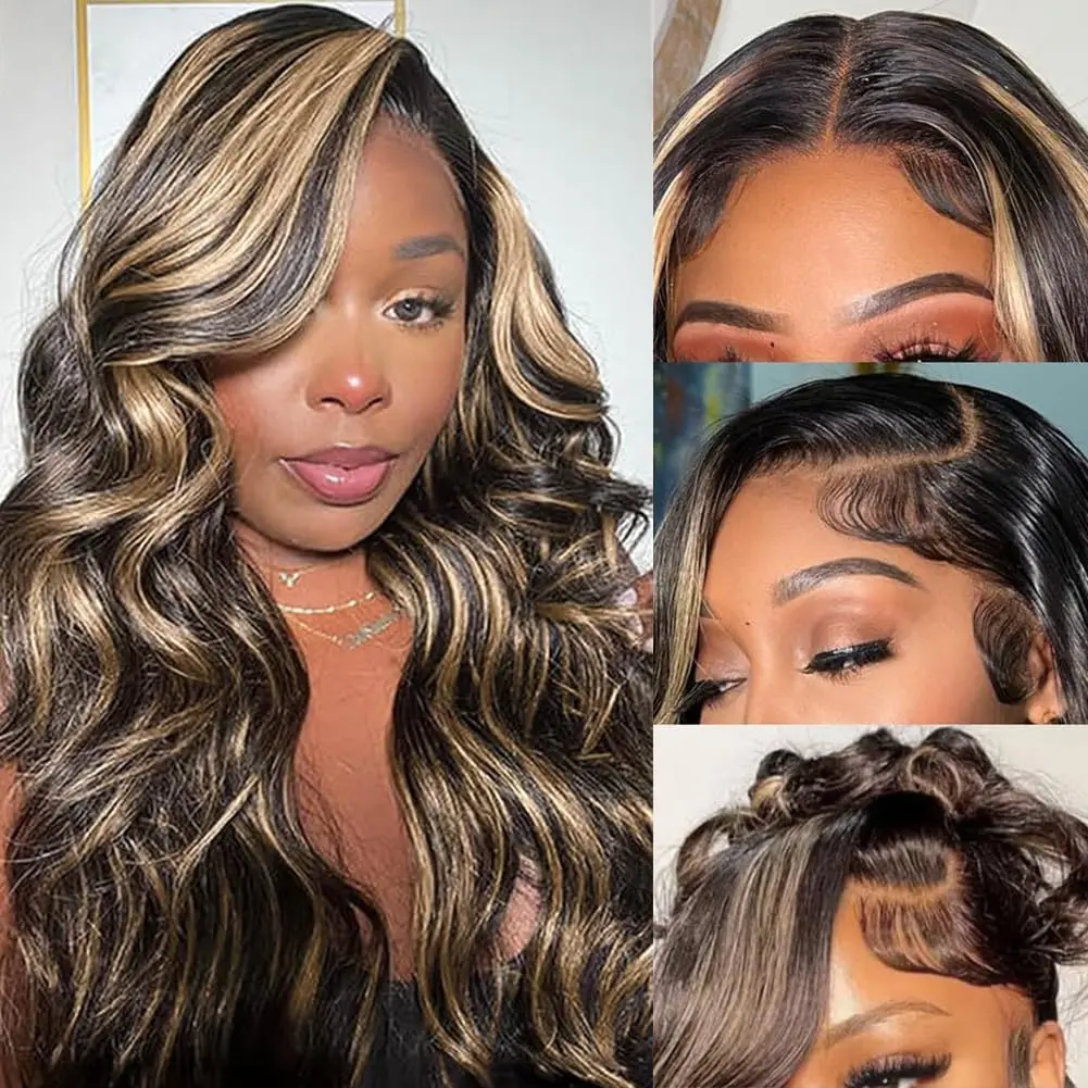 

Ombre Highlight Lace Front Wig Human Hair Pre Plucked 1B/27 13X4 Body Wave Colored Lace Frontal Wig Human Hair 200 Density