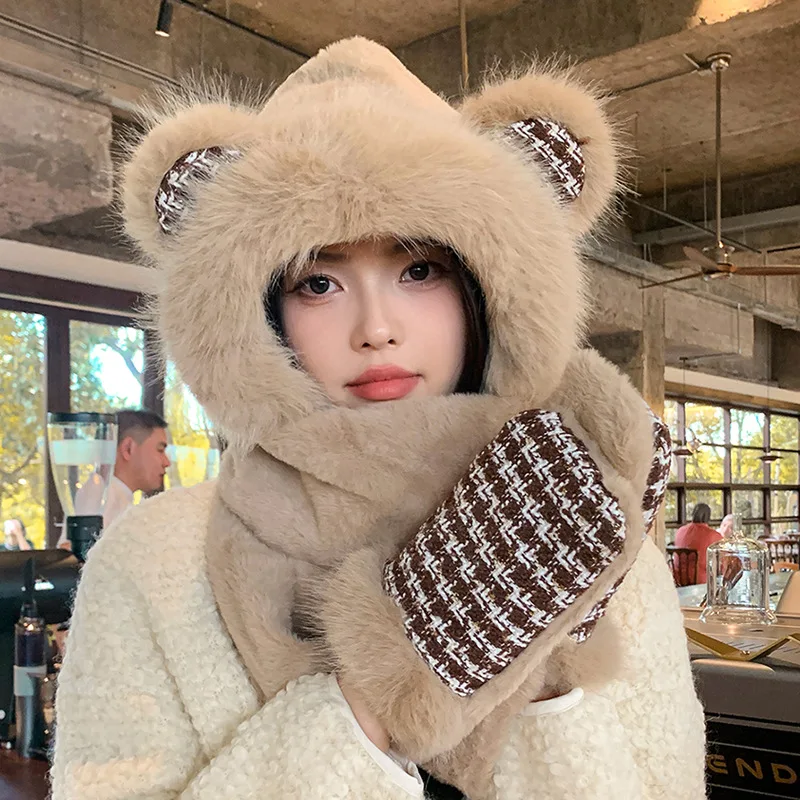 Cute Bear Hat Scarf Gloves All-in-One Winter Outdoor Padded Lei Feng Hat Women's Warm Ear Protection Pullover Hat Warm