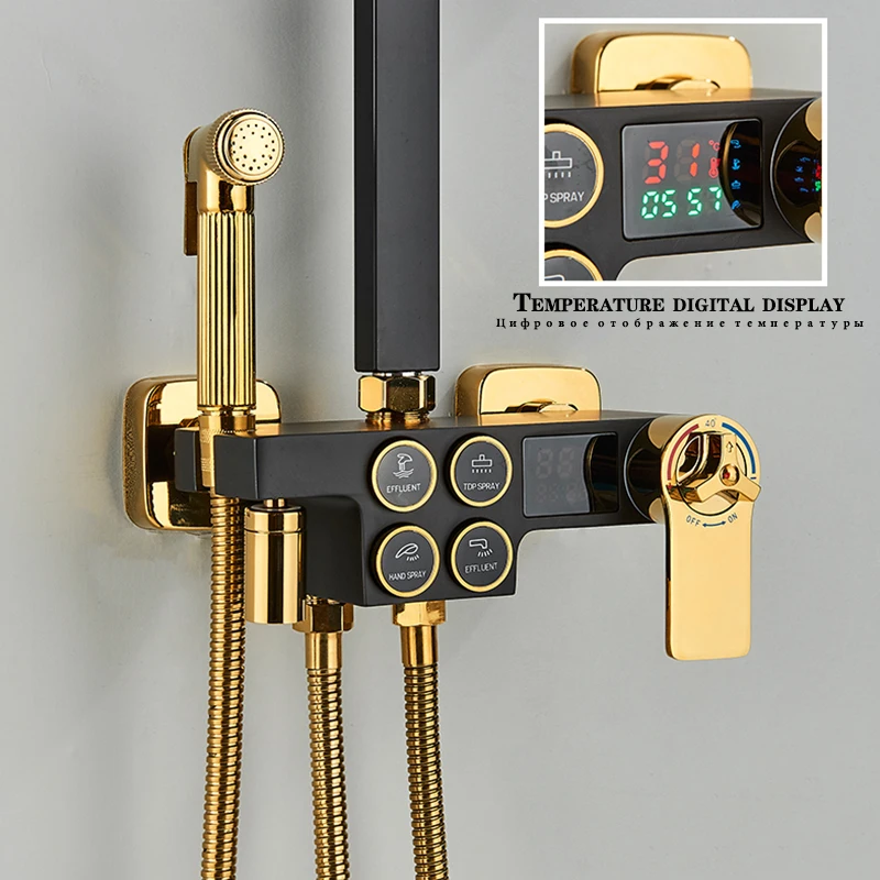 Imagem -05 - Conjunto de Chuveiro de Latão de Parede com Botão Display Digital Sistema Termostato Preto e Dourado Funções Banheiro