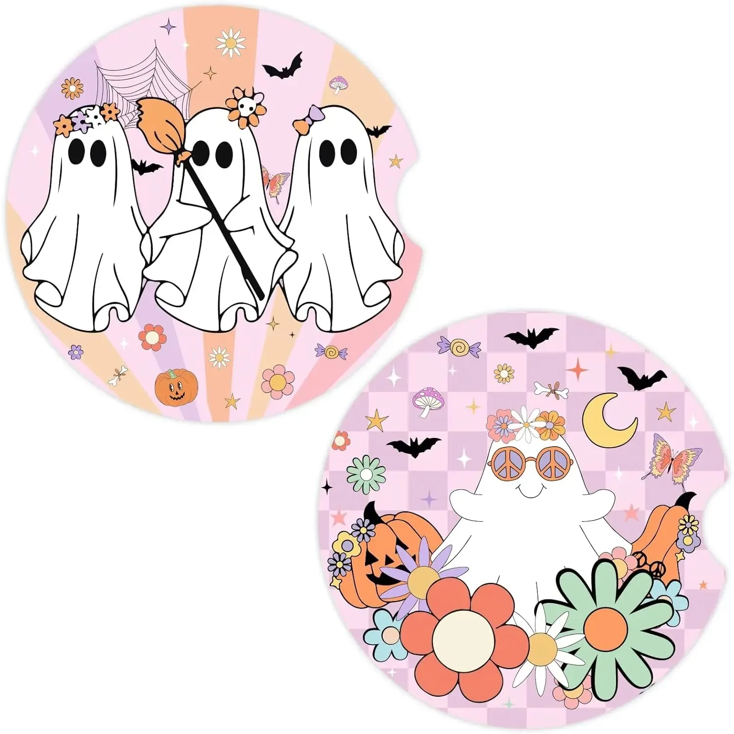 Halloween Groovy Absorbent Car Coaster for Cup Holder, 2 Pack Cute Ceramic Removable Car Coasters Anti-Slip with Fingertip Grip