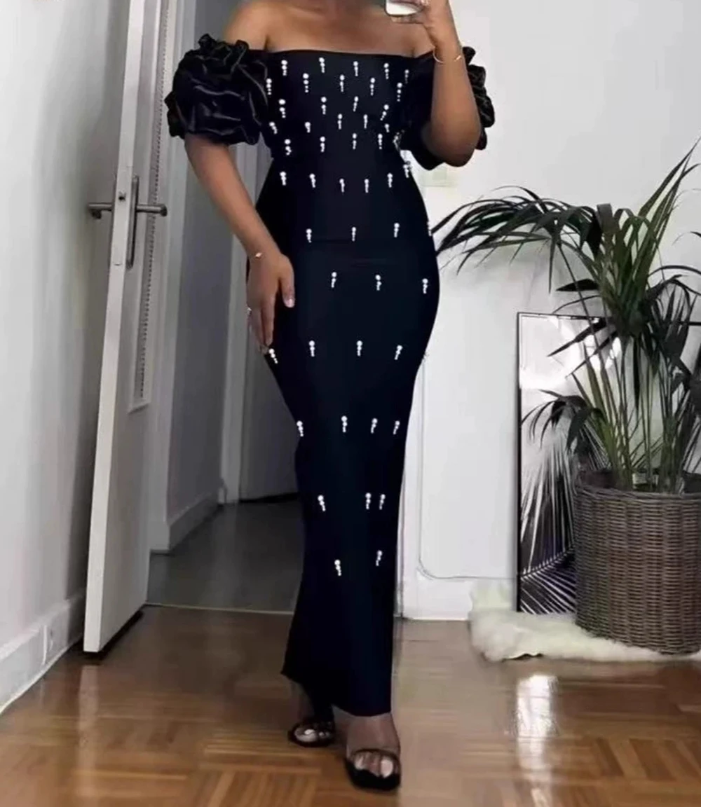 

2025 Strapless Puff Sleeve Beaded One-Shoulder Dress Bandage Skirt-GZXX1053