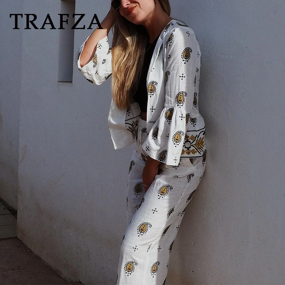 TRAFZA 2024 Spring Summer Casual Women Embroidery Suits Fashion Solid Flare Sleeve Open Stitch Blazers+Mid Waist Wide Leg Pants