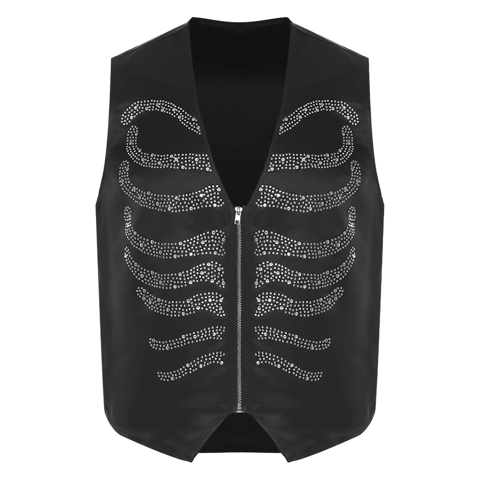 

Men Halloween Fashion Skeleton Shaped Rhinestone Decor Vest Waistcoat for Holiday Festival Carnival Stylish Role Play Coats