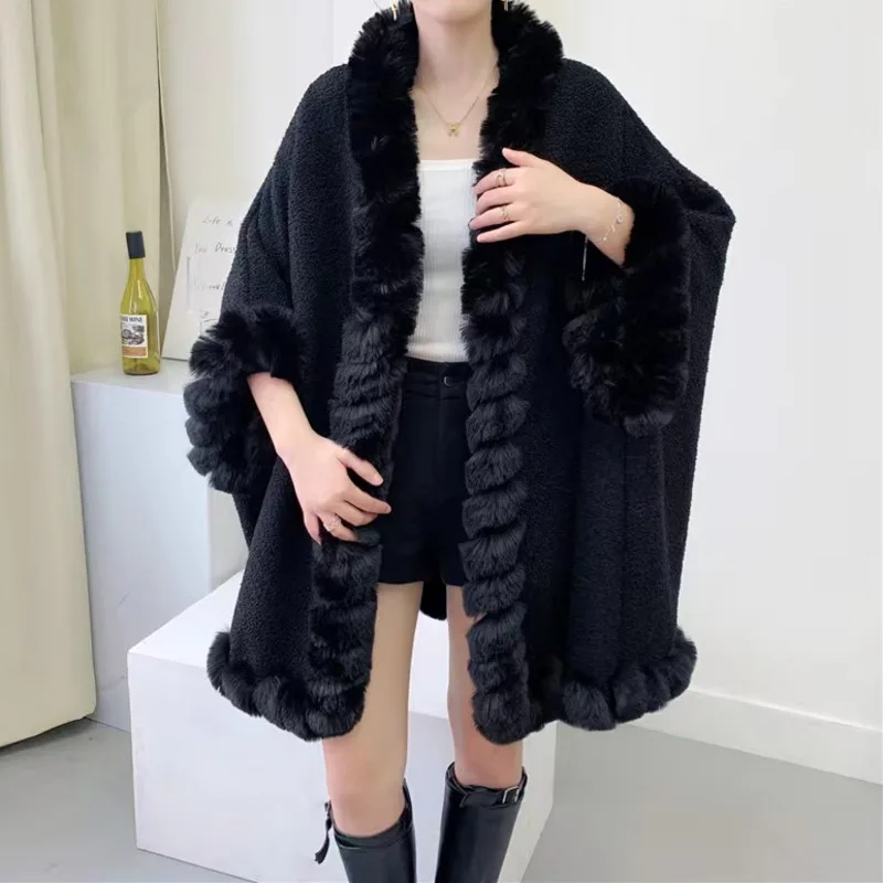 Christmas Women Winter Thicken Shawl Faux Rabbit Fur Big Long Collar Loose Poncho Big Pendulum Capes Plus Size Cloak Overcoat