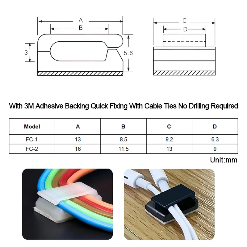 FC-1 FC-2 Self Adhesive Wire Organizer Clips 3M Backing Cable Fixer Black White For Flat Ethernet Cable Power Cord