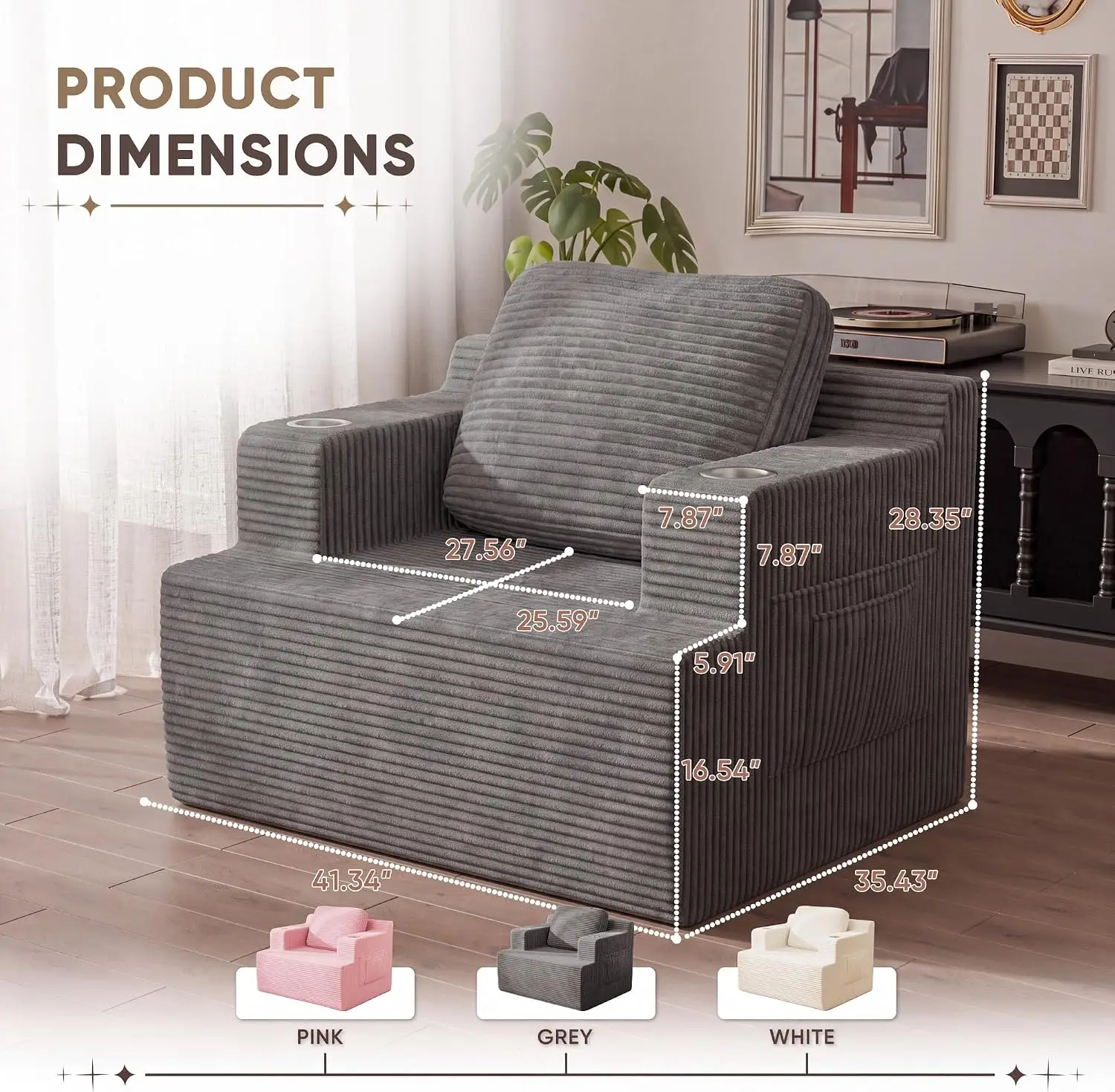 42” Single Sofa Foam Couch for Small Spaces Upholstered Floor Sofa with Cup Holder & Storage Pocket Boneless  Customized