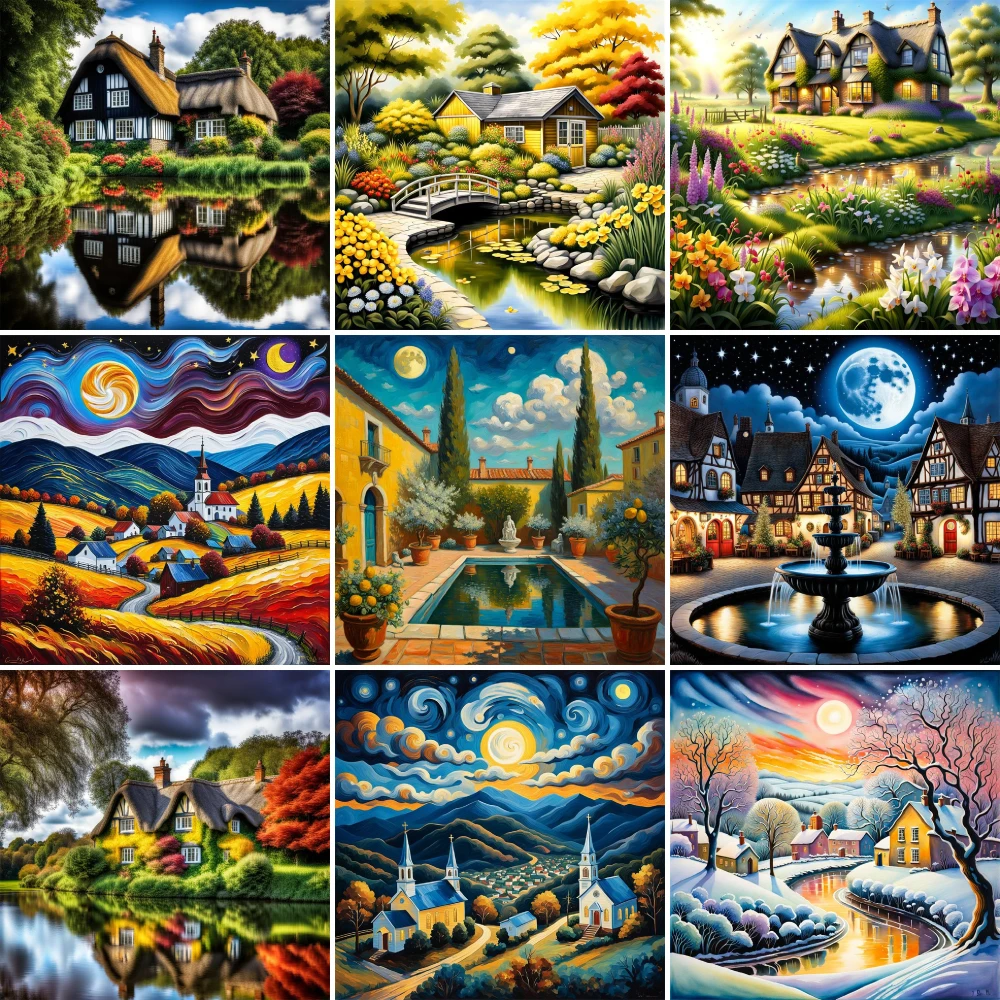 Landscape Fantasy House Printed Canvas Cross-Stitch Set Embroidery Sewing Handicraft Craft Knitting Counted Room Decor Stamped