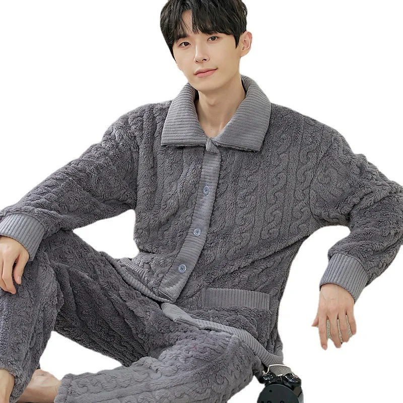 New Long-sleeved Cardigan Pajamas Men\'s Winter Can Be Worn Outside The Coral Fleece Pajamas Youth Thickened Facecloth Homewear