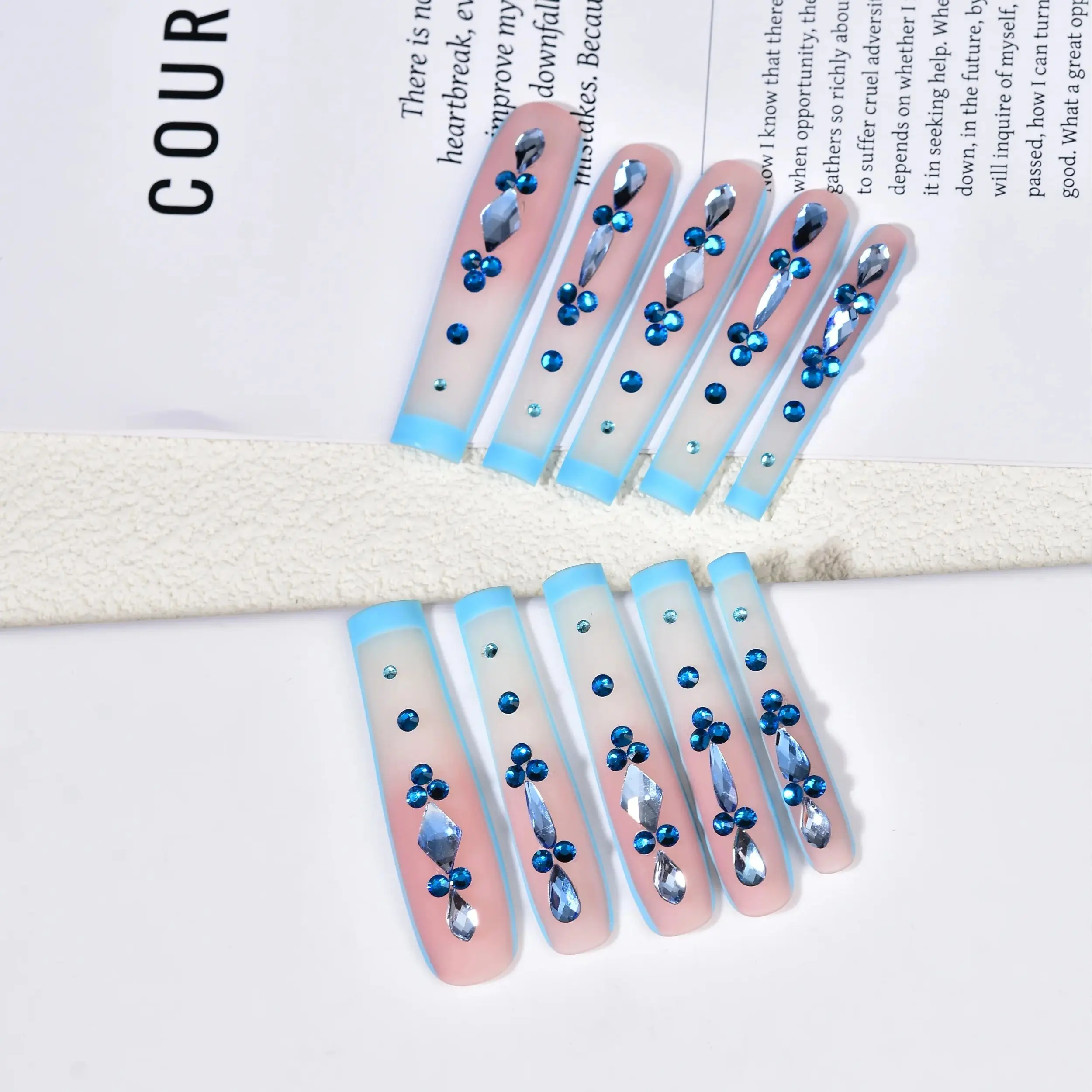 أظافر صناعية مصنوعة يدويًا من حجر الراين ، تصميم أزرق ، فرنسي ، طويل جدًا ، أظافر تابوت ، أظافر مزيفة يمكن ارتداؤها ، أظافر إصبع الأميرة