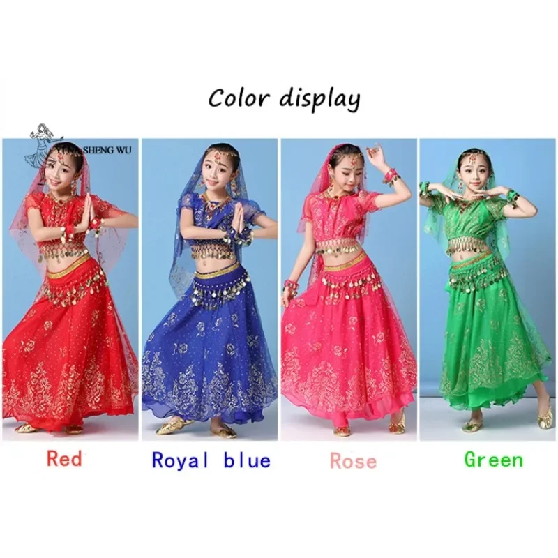 Childern Girl Belly Dance Costume Dress Indian Oriental Dance Sari Bollywood Bellydance Suit Performance kids Coins Top Belt