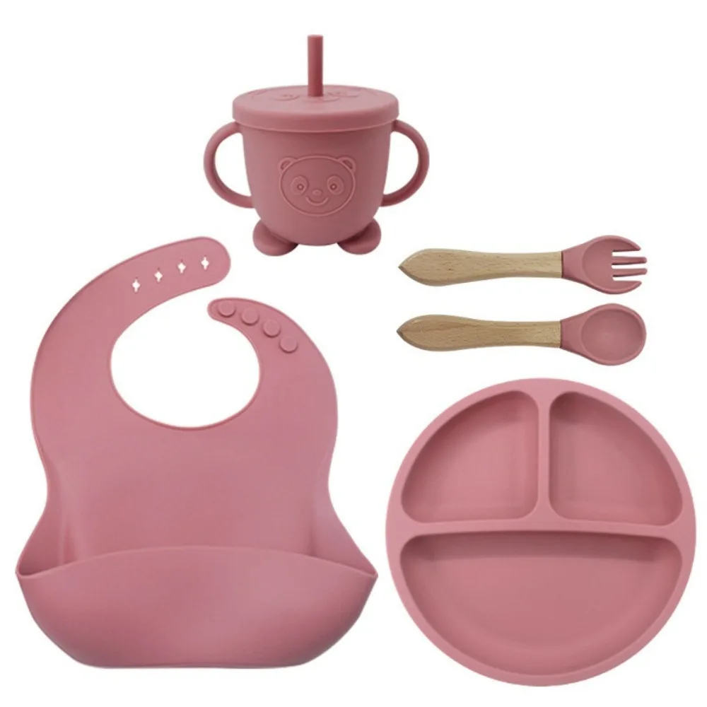 

8/5Pcs Food Grade Silicone Children's Rice Bowl Set with Spoon Suction Cup Design Baby Dish Set Bibs Straw Cup Feeding Bowl