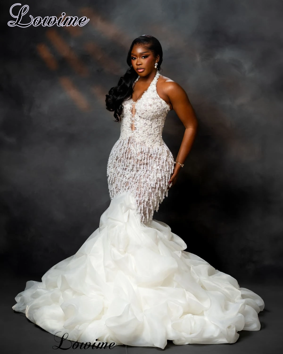 2027 New Ivory Lace Wedding Dresses Mermaid Halter Elegant Wedding Gowns With Pearls Brides Dresses Vestidos De Novia Customized