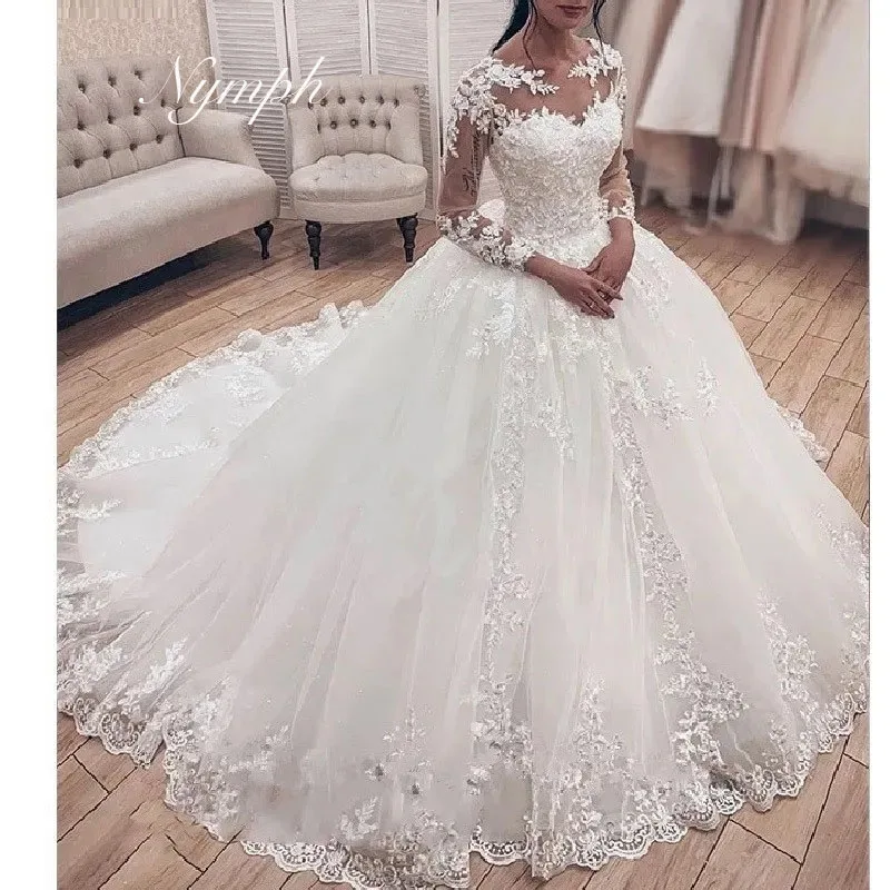 Vestido De novia De princesa personalizado, vestido De novia De manga larga con cuello redondo De talla grande con cuentas De encaje, bata De novia para boda