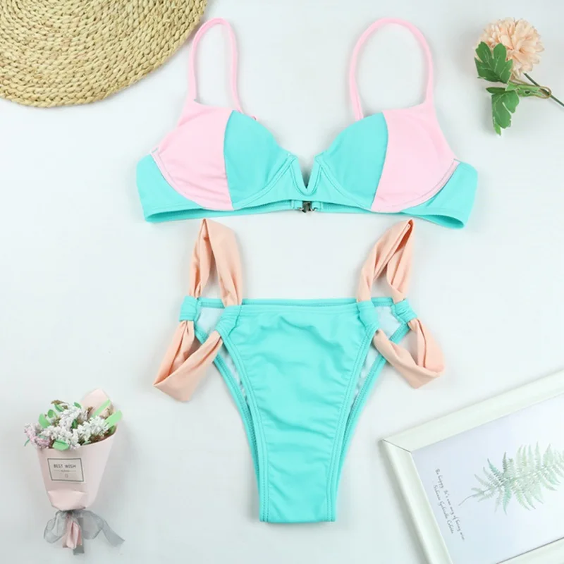 

European and American Hot Foreign Trade Swimsuits Sexy V-neck Bikini Spliced ribbon Neck Halter Split High Waist