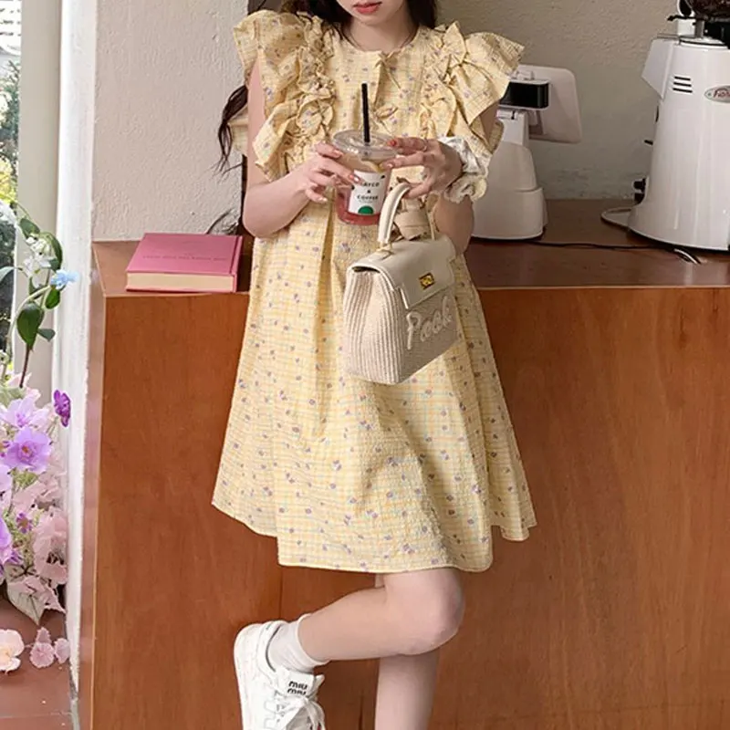 Fashion Ruffles Flying Sleeve Midi Dress Female Clothing Korean Broken Flowers Summer New Spliced Sweet Bow Loose A-Line Dresses