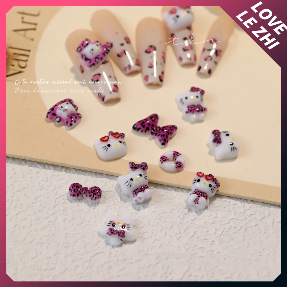 20Pcs Cartoon Leopard Print Hello Kitty Nail Tips Charms Ornament Acrylic Diy Sunglasses Bowknot Party Sticker Nail Accessories