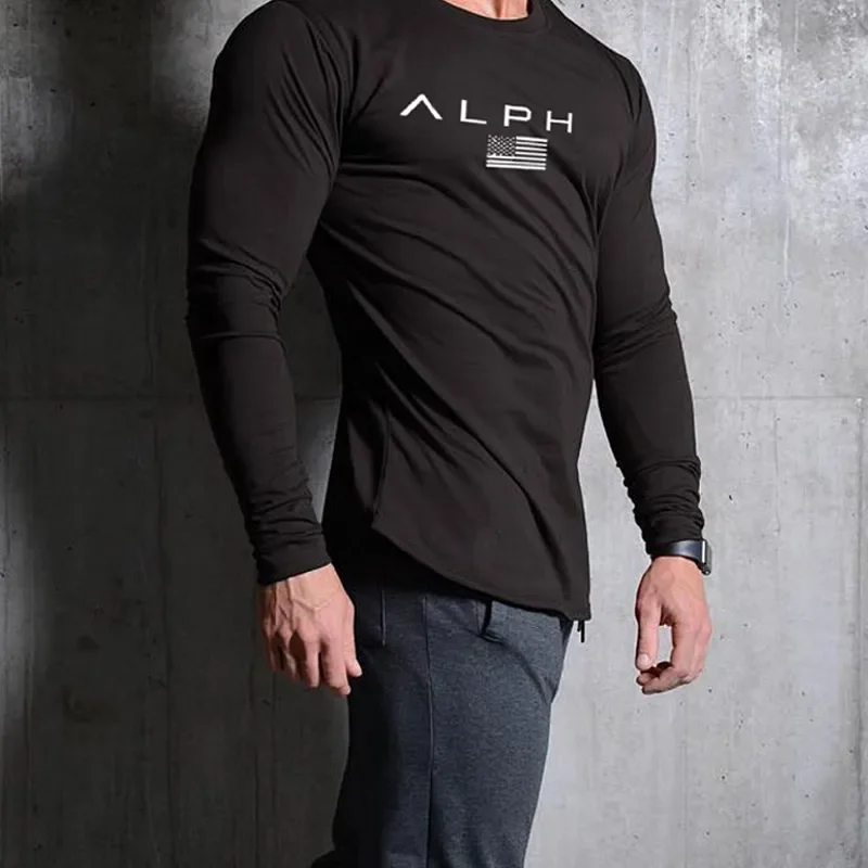 Men\'s Cotton Casual Clothing Male Bodybuilding Gym Fitness Workout Long Sleeve T-Shirt Running Sweatshirt Breathable Tees Tops