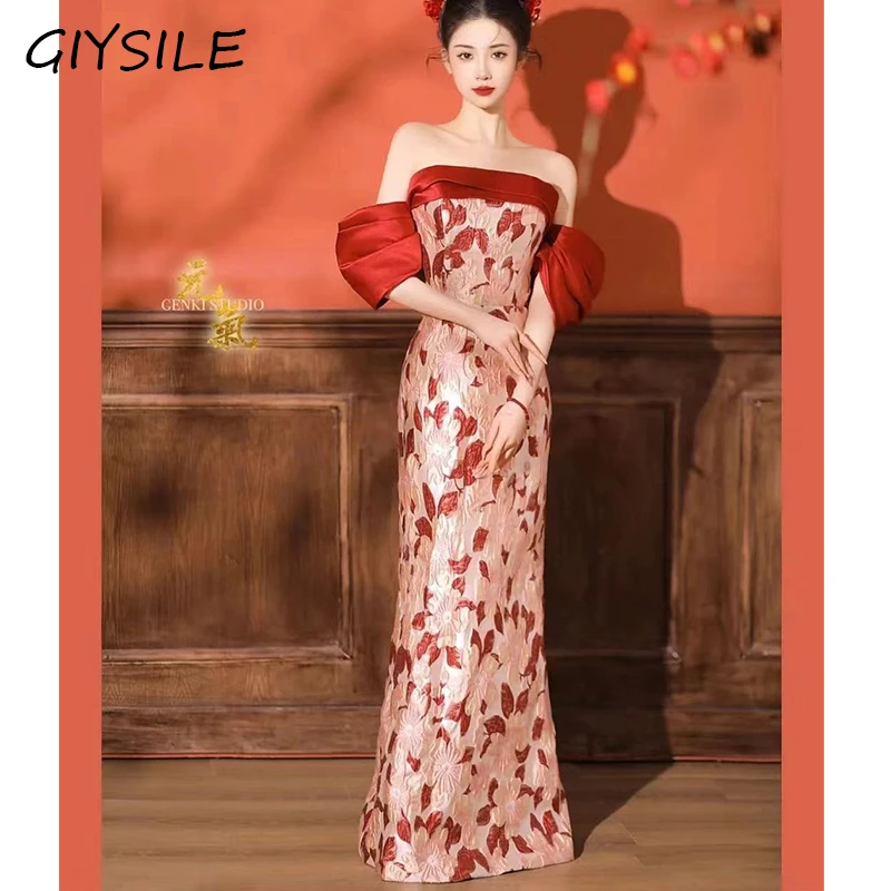 

Off The Shoulder Floral Print Evening Dresses Sexy Strapless Party Gowns Mermaid Light Luxury Wedding Party Dress Long Dresses