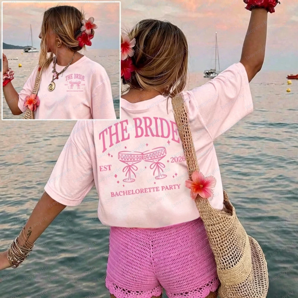 The Bride Bachelorette Party T-Shirt mit Grafikdruck, kurzärmelig, Rundhalsausschnitt, lässiges Oberteil für den Sommer, Damenbekleidung, Grafik-T-Shirts