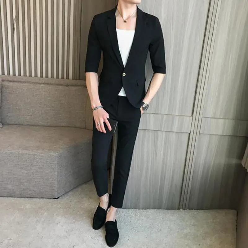 

2024 Men's Fashion Summer New Style Casual Solid Color Formal Suit Wedding 3/4 Sleeve Jacket with Pants Male Two-Piece Sets XXXL