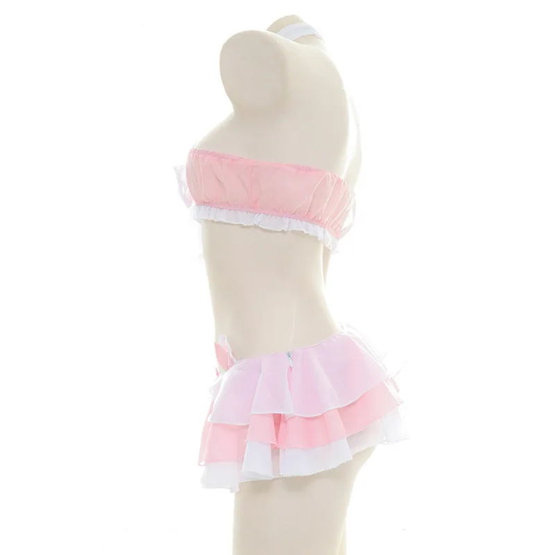 Lolita Girl Anime Cosplay Small Bell Swimsuit Bodysuit Pink Bikini Costume Cute Sweet Cat Ears Ruffles Skirt Lingerie Set