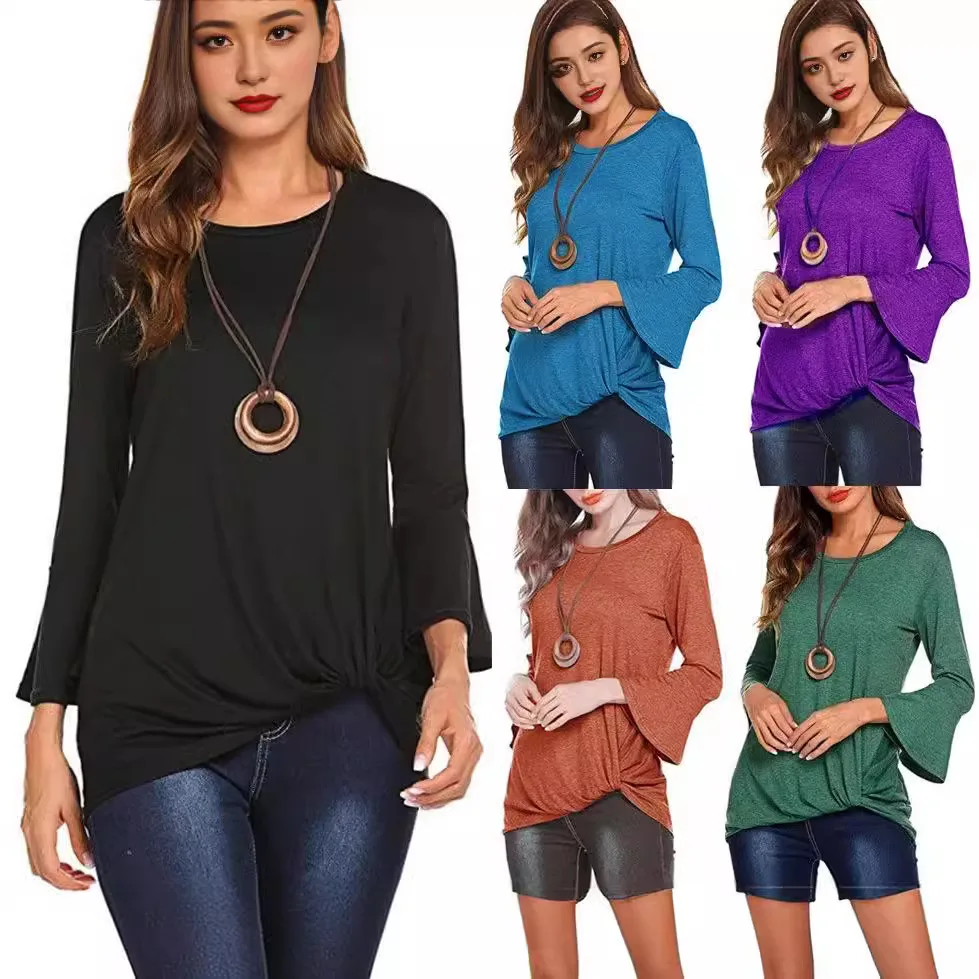 

Women's Solid Color Casual Trendy Loose O-neck Asymmetrical Long Sleeve T-shirts Female New Fashion American Style Clothes Tops