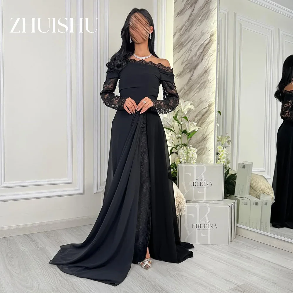 

ZHUISHU Elegant Black Saudi Evening Dresses Women Customized Formal Event Dress Boat Neck High Slit Lace Patchwork Party Gown