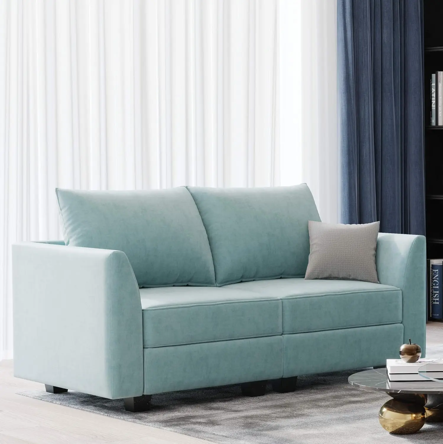 Fabric Modular Sofa Modern 2-Seater Couch Modular Sectional Loveseat For Small Space, Aqua Blue