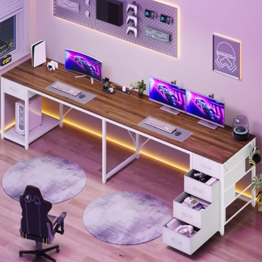Home office L-shaped desk, engineered wood, white, 57 L-shaped with 5 drawers, reversible corner design, built-in power strip s