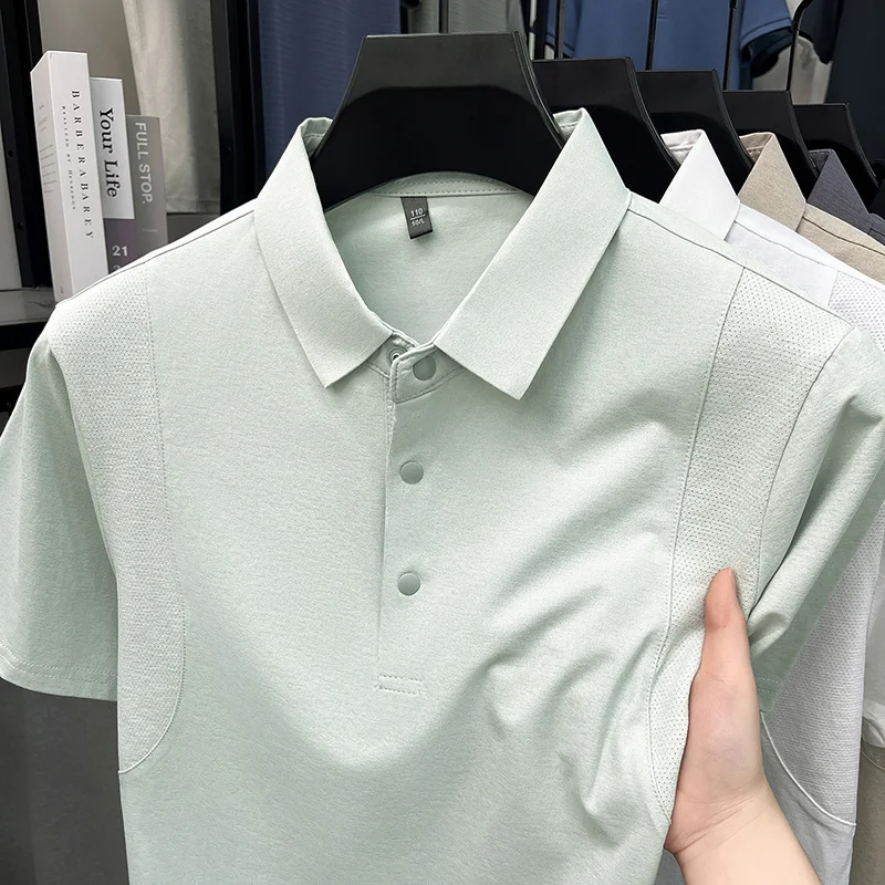 Slim-Fit-Poloshirt mit halber Knopfleiste für Herren, belüftete Seitenpaneele, Business-Meeting, Kurzstreckenreise, Kleidungsstück – Detail 26