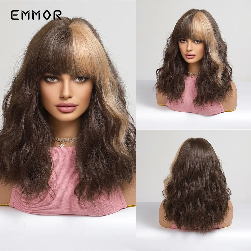 

Emmor Highlight Blonde Brown Bob Wig Synthetic Wig with Bangs for Women Daily Party Cosplay Use Heat Resistant Fiber Wigs