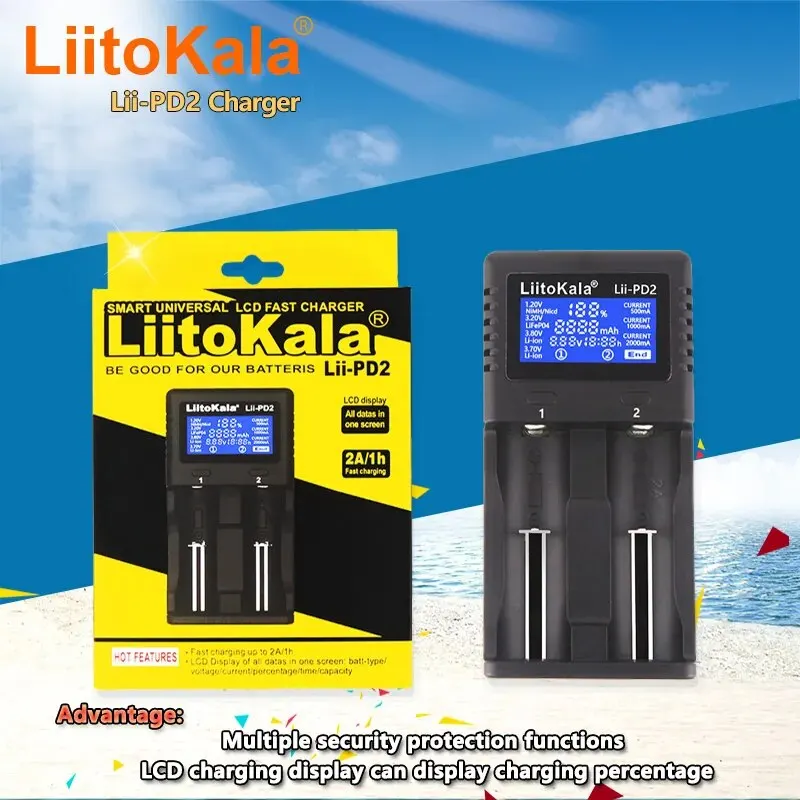 Pengisi daya baterai LiitoKala Lii-PD2 18650 untuk 3.7V Li-ion 18650/18500/16340/26650/21700 /20700/18350/CR123A 1.2V Baterai + mobil