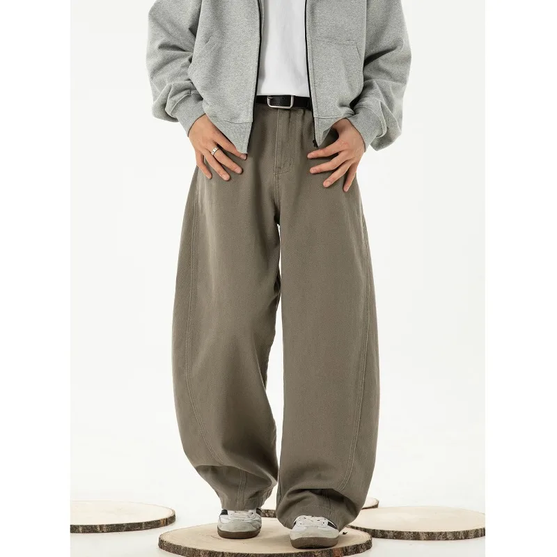 Retro Texture Pure Cotton Silhouette Scimitar Pants for Men in Autumn New Straight Loose Split Trend Brand Casual Trousers