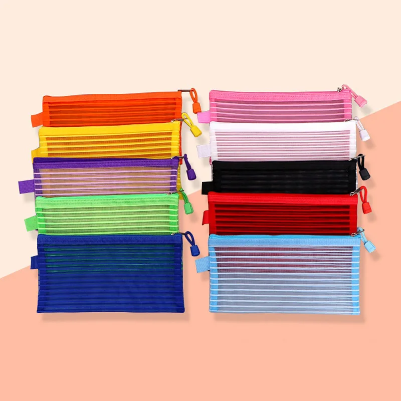 200Pcs Transparent Mesh Student Examination Stationery Storage Bag Large Capacity Multi Specification Colorful Zip Pen Bag