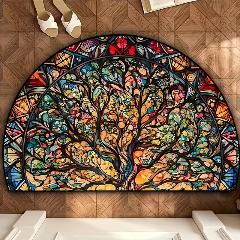 Tree of Life Half Round Carpet Vintage Ethnic Style Plant 2D Printed Carpet Living Room Bedroom Kitchen Entrance Carpet