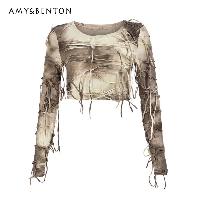 

Autumn New Subculture Dark Gothic Tie-Dye Long Sleeve Women's T-Shirt Original Sweet Cool Personality Halloween Short Top Ladies