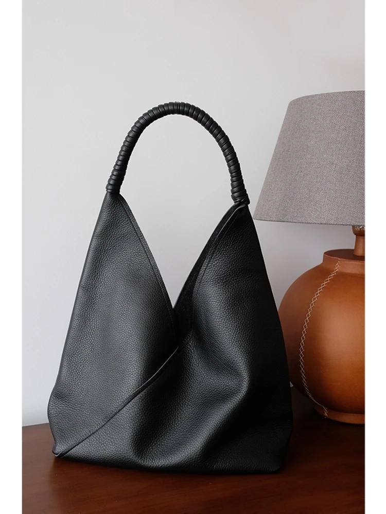 

GENGWO Black Fashion Simple Genuine Leather Women Bag\Handbag 100% Real Cowhide Leather Soft Tote Shoulder Commuter Shopping Bag