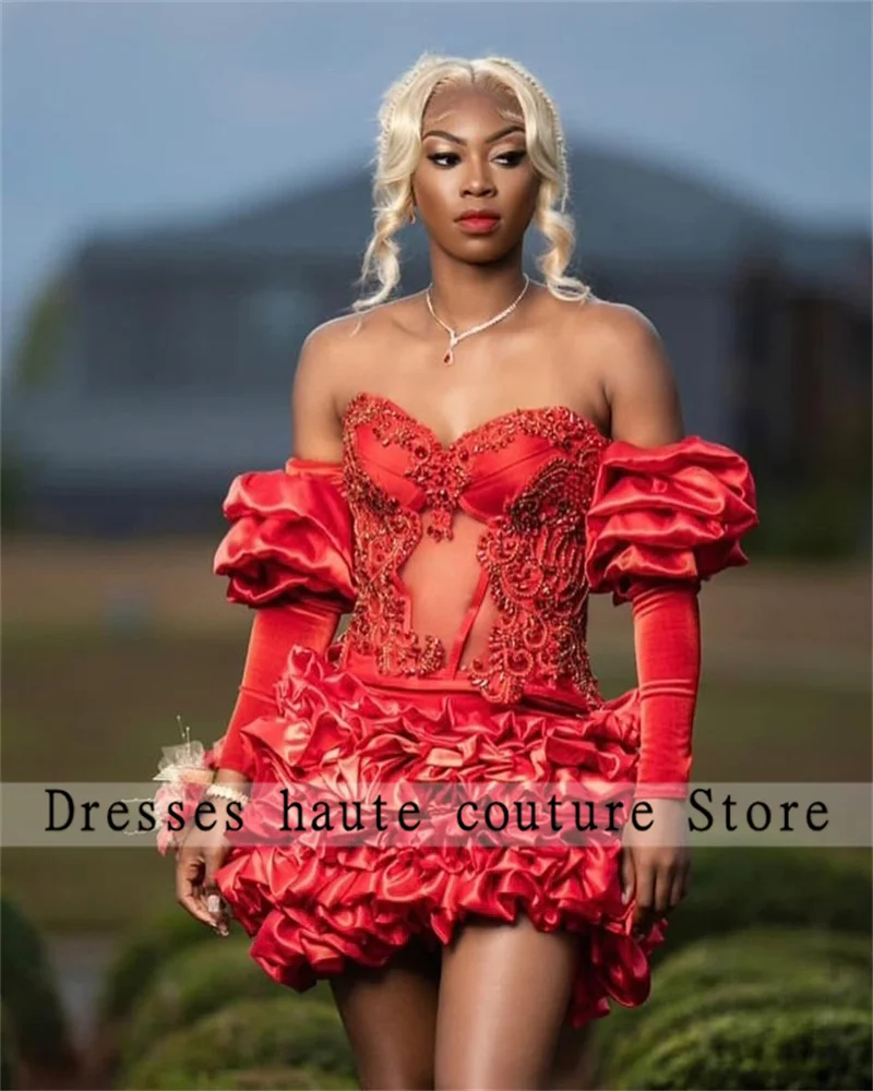 Aso Ebi Red Ruched Beaded Short Prom Dress Black Girl 2025 Crystal Rhinestones Homecoming Dress Party Dress Customized