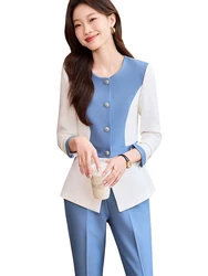 Fashion Autumn Winter Ladies Formal Pant Suit Women Blue White Female Business Work Wear Jacket Blazer and Trouser 2 Piece Set