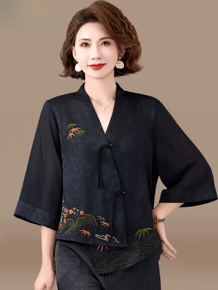 

Модный китайский топ с узором «Снежинка» для мам, летняя новинка, комплект из двух предметов из полиэстера с V-образным вырезом, свободный крой