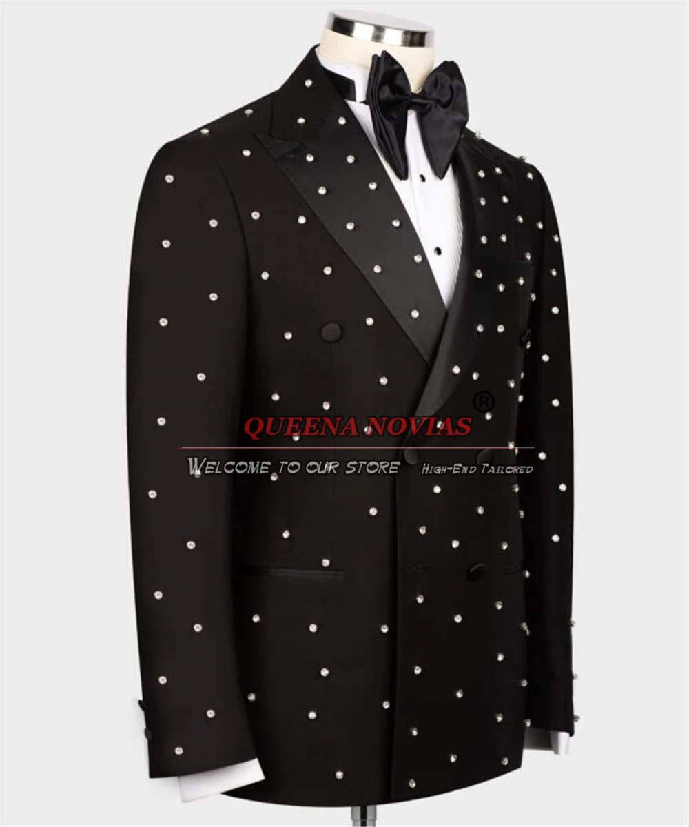 Luxury Wedding Suits For Men Sliver Crystal Beading Jacket Pants Sets Groom Wear Tuxedo Fit Slim Tailored Double Breasted Blazer