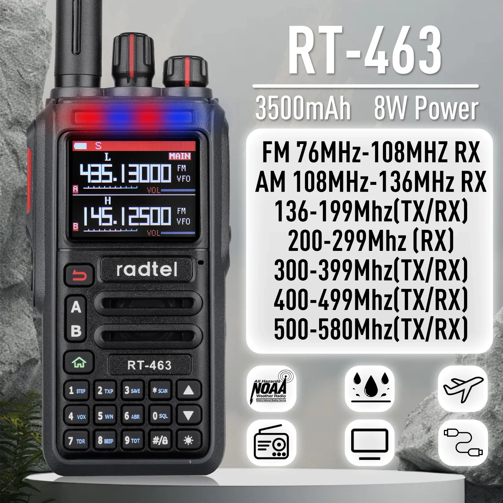 Radtel RT-463 8w Full Band Ham Radio 199CH Amateur Walkie Talkie AM Air Aviation Band Satcom NOAA Weather Channel