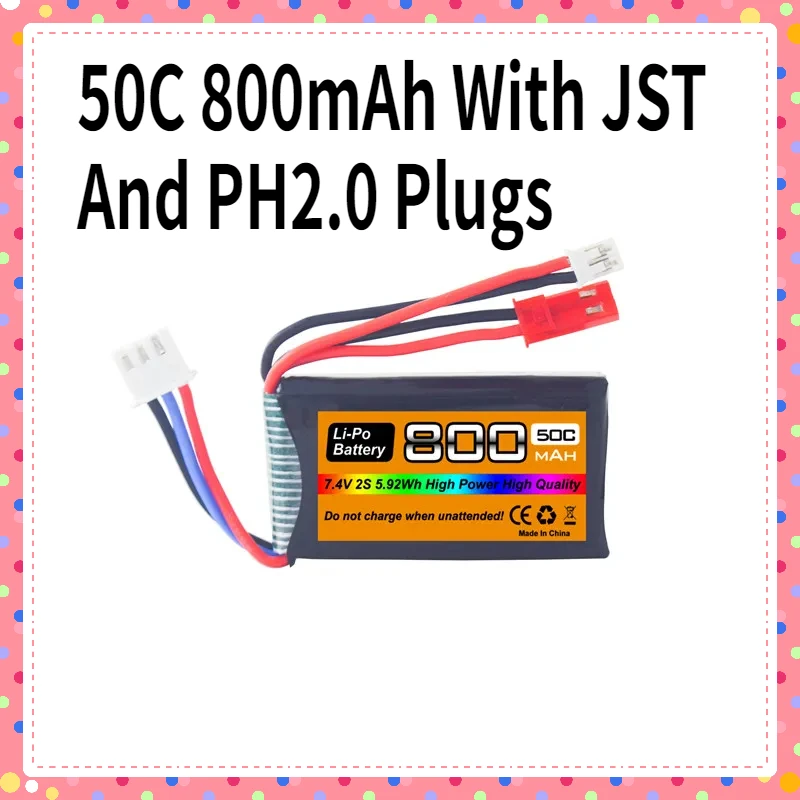 7.4V Li-Po Battery 50C 800mAh With JST And PH2.0 Plugs For Most 1/10,1/16,1/18,And 1/24 Scale RC Cars,Trucks,And RC Drone