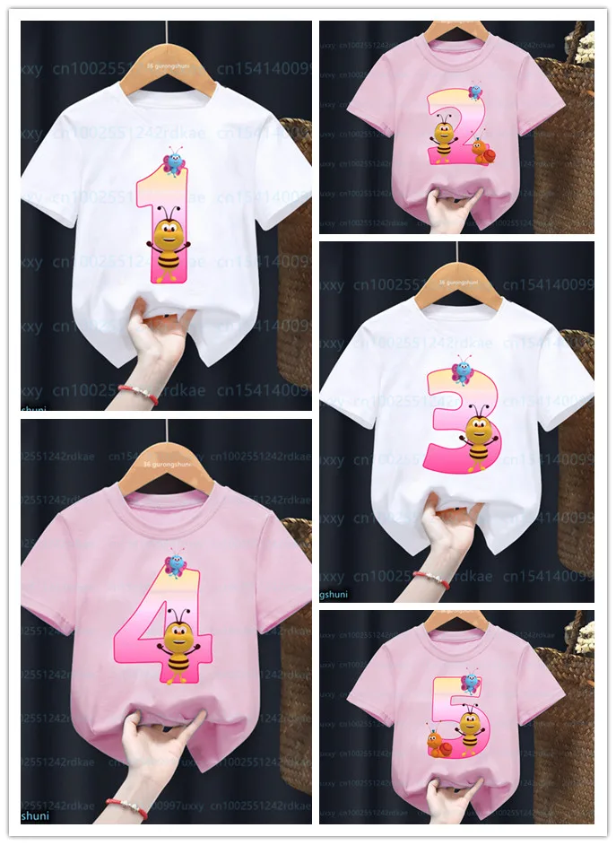 

Kawaii Girl T-Shirt Cute Little Bee 1-9 Birthday Digital Printed Children'S Clothes Tshirt For Children'S Birthday Party Clothes